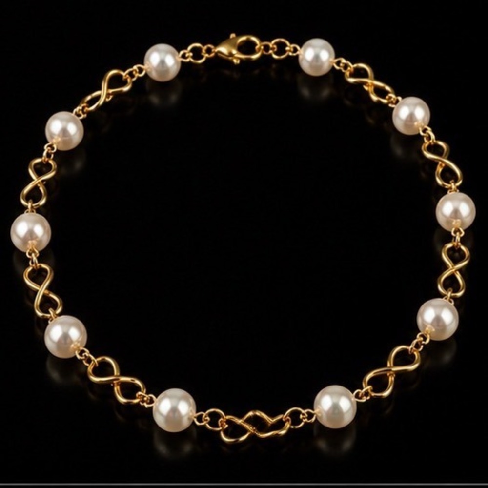 Infinity Gold Tone Link Faux Pearl Choker Necklace White Round Beads